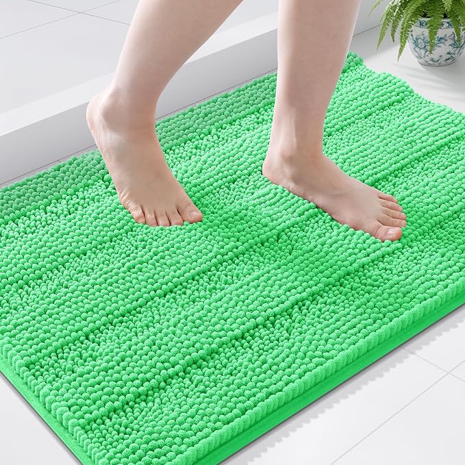 Grandaily Chenille Striped Bathroom Rugs 44x24, Extra Thick and Soft Absorbent Bath Mats, Rubber Backing, Plush Shaggy Shower Carpet, Machine Wash Dry, Bath Rug for Bathroom, Mint Green