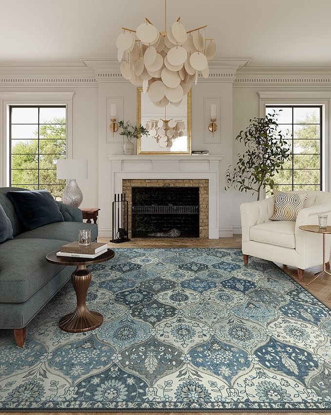 Lahome Moroccan Trellis Washable Rugs 9x12, Soft 9x12 Area Rug for Living Room Bedroom, Ultra-Thin Non-Slip Non Shedding Distressed Throw Large Carpet for Dining Room Office Elise, Blue