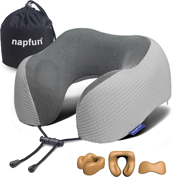 napfun Neck Pillow for Traveling, Upgraded Travel Neck Pillow for Airplane 100% Pure Memory Foam Travel Pillow for Flight Headrest Sleep, Portable Plane Accessories, Mist Gray