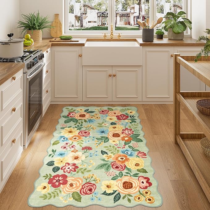DUKINO 3x5 Area Rug, Floral Non-Slip Indoor Washable Rug with Low Pile & Non-Shedding, Lightwight Boho Design Carpet for Entryway, Bedroom, Kids Room, Living Room, Kitchen, Green