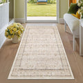 3x6 Wide Area Rugs for Hallways Non Slip, Machine Washable Rug for Kitchen Floor, Entryway, Soft Low Pile Neutral Sand Beige Décor, Geometric Floral Pattern Stain Resistant Carpet