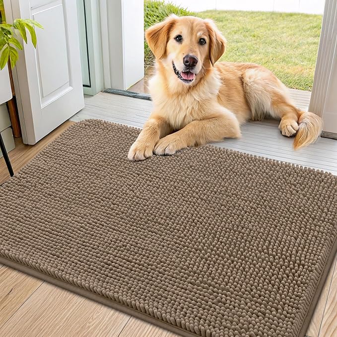 Smiry Dog Door Mat for Muddy Paws 36x24, Absorbent Dirt Trapper, Non-Slip Washable Chenille Entryway Rug for Inside Floor, Camel, Classic Solid