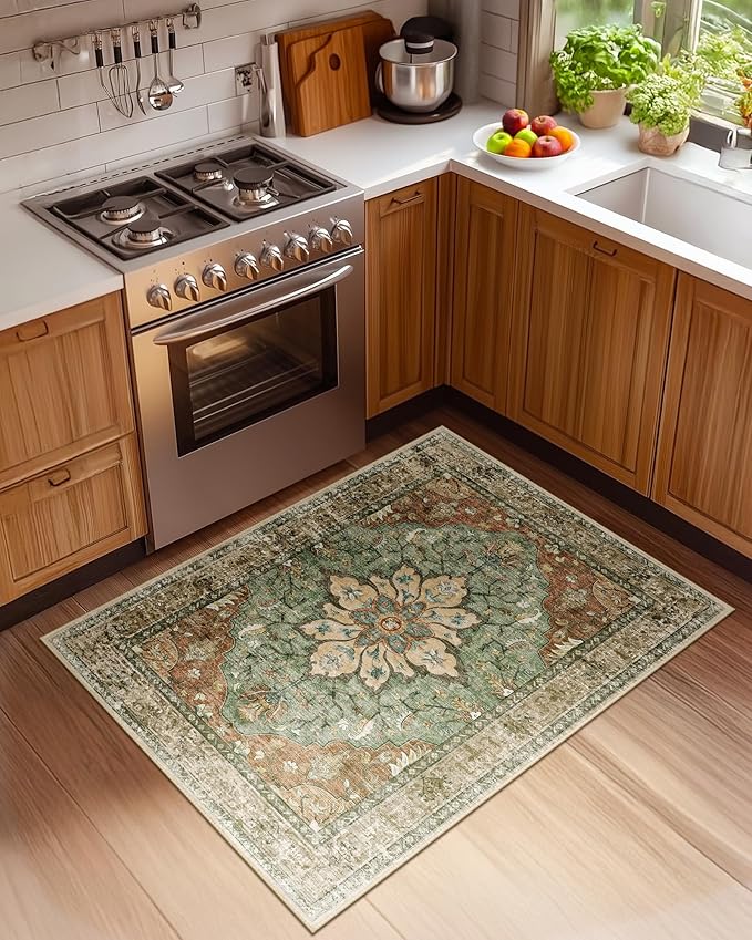 RELEANY Area Rugs 3'x4' Washable Non-Slip, Floral Vintage Distress Medallion Carpet for Living Room Bedroom Dining Room, Terracotta Burnt Orange Green