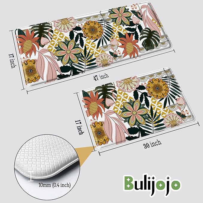 Bulijojo Boho Floral Anti Fatigue Kitchen Floor Mats Set of 2 Waterproof Kitchen Sink Runner Rug Standing Mat Cushioned Kitchen Rugs Comfort Doormat 17"x47"+17" x30“