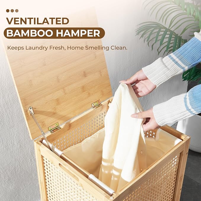 TIOPGHAD Bamboo-Laundry-Hamper-Wicker-Basket-with-lid Large Wood Laundry Hampers Basket Bin Storage Organizer for Dirty Clothes, Laundry Room, Bathroom, Bedroom, Living Room(13Gallon/50L)