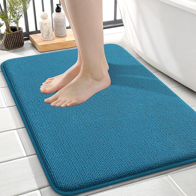 OLANLY Thick Memory Foam Small Bathroom Rugs 24x16, Extra Soft Absorbent Bath Rug, Quick Dry Bath Mat, Non-Slip, Machine Washable Mat for Bathroom, Tub and Shower, Home Decor Accessories, Peacock Blue