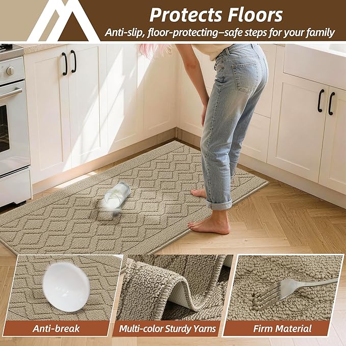 COSY HOMEER Kitchen Rugs 24"x35" Non-Slip Washable Kitchen Mats for Floor Polypropylene Absorbent Kitchen Floor Mat for Kitchen Sink Entryway,Beige