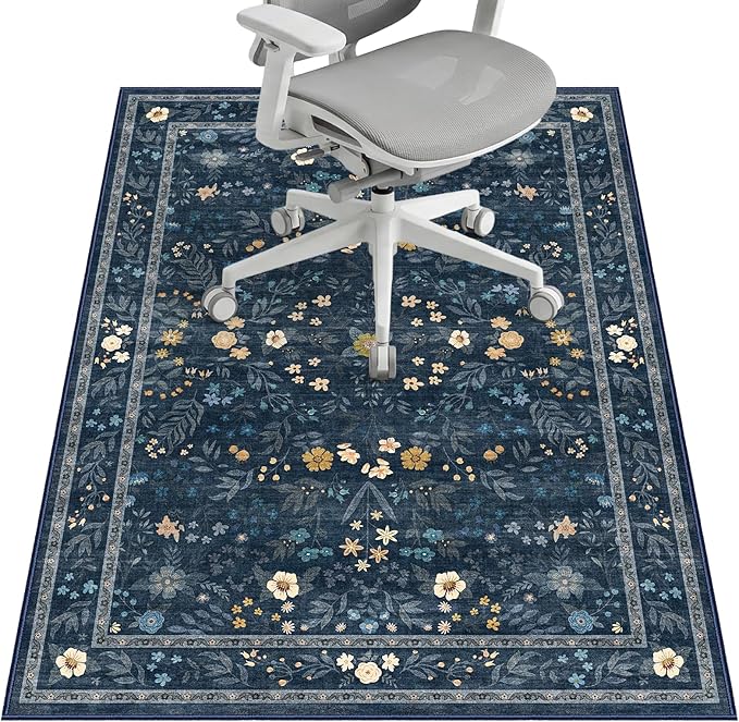 Office Chair Mat for Hardwood Floor & Tile Floor,36"X 48" Heavy Duty Desk Chair Mat for Hard Floors, Under Desk Rug for Rolling Computer Chair,Anti Slip,Low Pile Carpet Floor-Dark Blue Floral Print