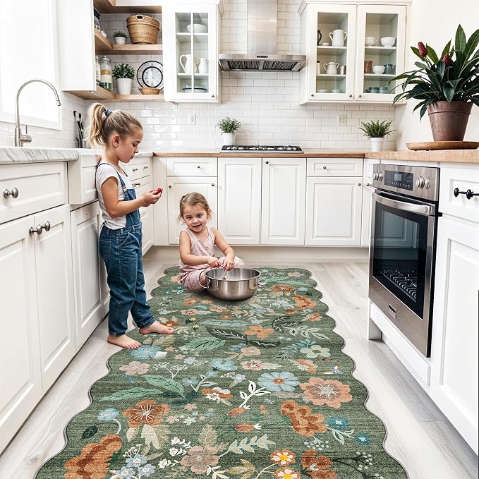 4x8 Washable Area Rug for Family: Stain Resistant Wide Floral Scalloped Kitchen Rug Soft Carpet for Entryway Bathroom Bedroom Farmhouse Living Room Floor Mat with Non Slip Backing(4x8, Floral/Green)