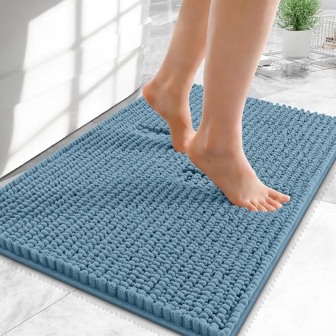 OLANLY Thick Small Bathroom Rugs 24x16, Extra Soft Absorbent Chenille Bath Rugs, Rubber Backing, Machine Wash Dry, Bath Mats for Bathroom Floor, Tub and Shower, Home Decor Accessories, Airy Blue