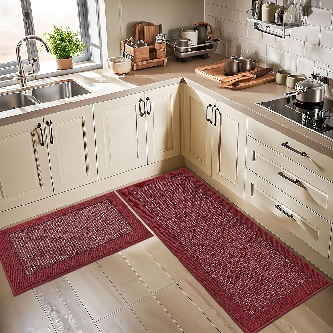 BEQHAUSE Kitchen Rugs and Mats Set of 2 Non-Slip Kitchen Mats for Floor, Absorbent and Stain Resistant Kitchen Runner, Machine Washable Rugs for Kitchen, Laundry & Sink, 20"x32"+20"x48", Red