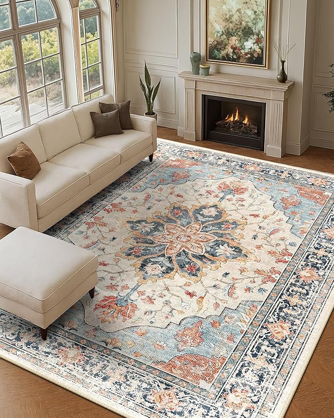 RELEANY Area Rugs Large 9'x12' Washable Non-Slip, Floral Vintage Distress Medallion Carpet for Living Room Bedroom Dining Room, Beige Navy Blue Orange Colorful