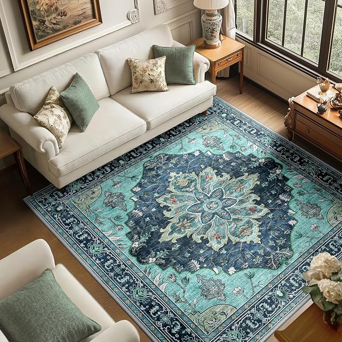 RELEANY Area Rugs Square 6ft Washable Non-Slip, Floral Vintage Distress Medallion Carpet for Living Room Bedroom Dining Room, Teal Green Lake Blue Turquoise