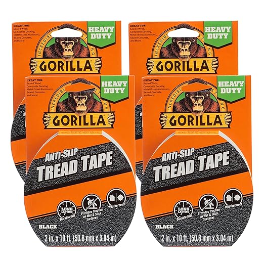 Gorilla Anti-Slip Tread Tape, 2" x 10' Roll, Black, (Pack of 4)