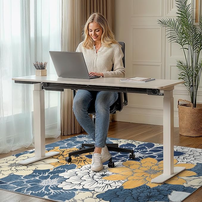 48"x60" Office Chair Mat for Hardwood Tile Floor, Under Desk Carpet Protector for Rolling Computer Chair Mat, Machine Washable Area Rug, Anti-Slip 1/5" Thick Low Pile Thin Vinyl Floor Mat, Navy Yellow