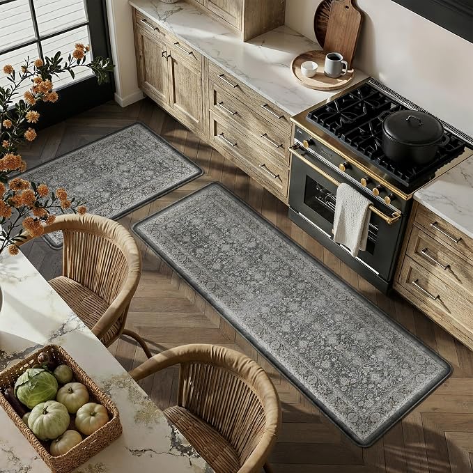 PureCozy Kitchen Mats 2PCS Anti Fatigue Cushioned Mat Black Vintage Kitchen Mats for Floor Waterproof Non Slip Comfort Standing Distressed Rug for Sink Laundry Office 17.3"x59"+17.3"x30"
