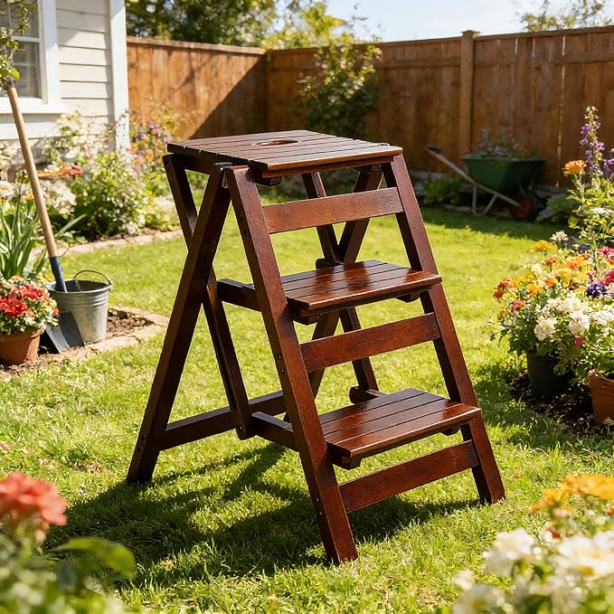 3-Step Ladder Stool, Wooden Folding Step Stool for Home & Kitchen, Solid Pine with Non-Slip Steps & Anti-Scratch Shoe Covers, 337lb Weight Capacity, Space-Saving, No Assembly Required (Walnut)
