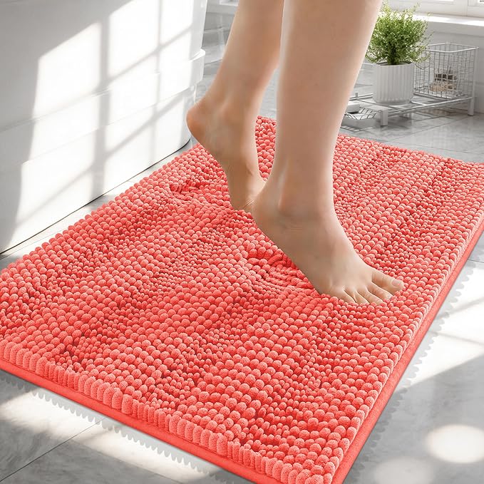 OLANLY Thick Small Bathroom Rugs 24x16, Extra Soft Absorbent Chenille Striped Bath Rugs, Rubber Backing, Machine Wash, Bath Mats for Bathroom Floor, Tub and Shower, Home Decor Accessories, Coral