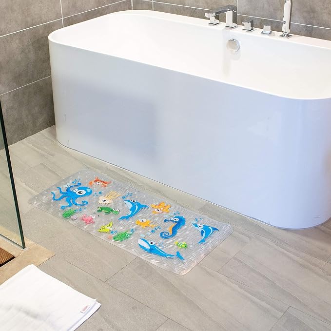 BEEHOMEE Bath Mats for Tub Kids,Baby Toddler - Large Cartoon Non-Slip Bathroom Bathtub Anti-Slip Shower Mats for Floor 35x15,Machine Washable XL Size Bathroom Mats (Blue-Octopus)