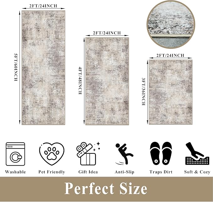 Kitchen Mats for Floor 3 Piece Set,Non-Slip Washable Kitchen Mats for Hardwood Floor, Boho Farmhouse Runner Rug for Sink,Entryway & Hallway & Bathroom (Brown Grey Beige, 2x3+2x4+2x5)