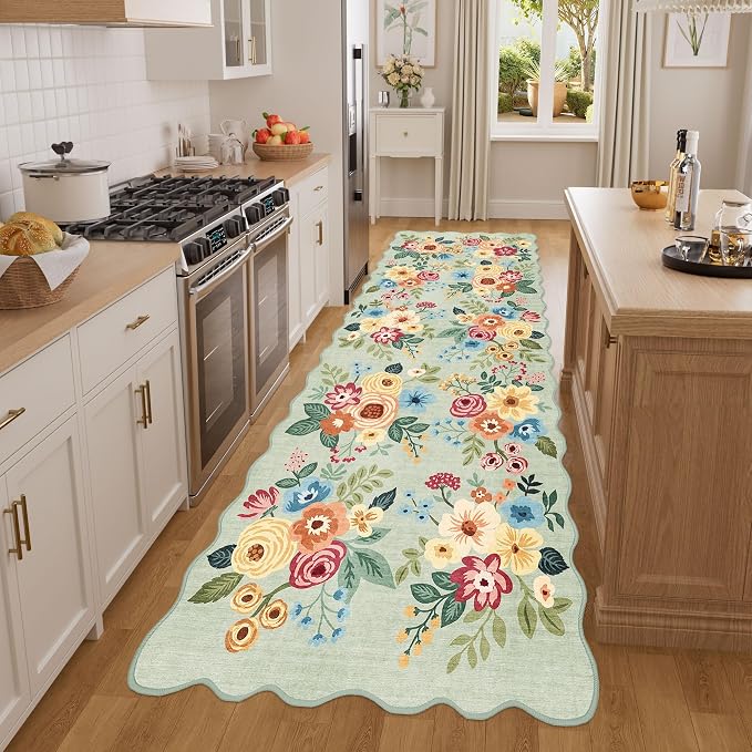 DUKINO 3x8 Washable Runner Rug, Soft Indoor Floral Non Slip Long Runner Rug for Hallways, Lightweight & Low Pile Floor Carpet for Kitchen, Entryway, Hallway, Bathroom, Laundry, Bedroom, Green