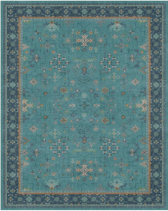 3x4 Teal Rugs for Entryway Indoor - Washable Non Skid Area Rug for Large Kitchen, Bedside, Bathroom, Mudroom, Boho Geometric Floral Design, Non Slip Low Pile Fade Resistant