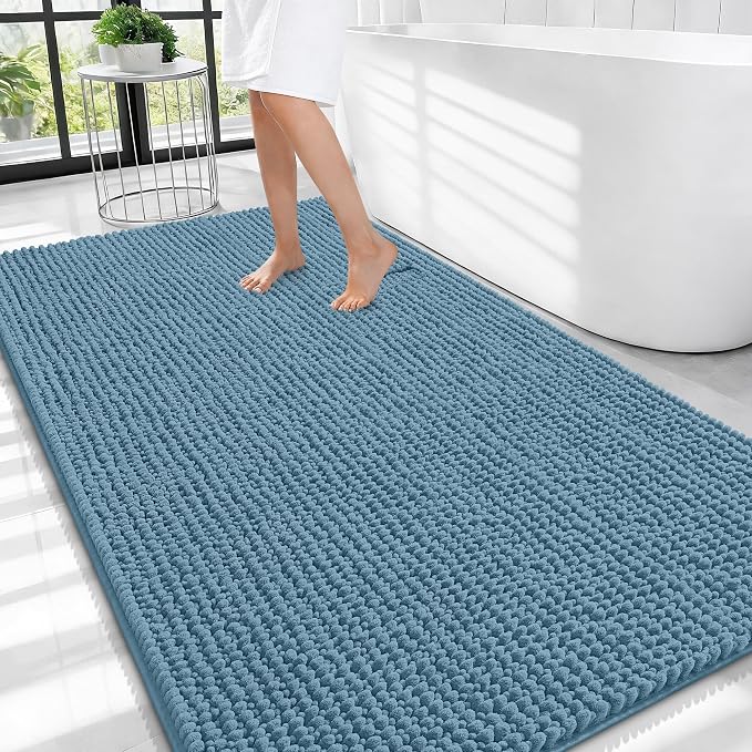 OLANLY Thick Large Bathroom Rugs 44x32, Extra Soft Absorbent Chenille Bath Rugs, Rubber Backing, Machine Wash Dry, Bath Mats for Bathroom Floor, Tub and Shower, Home Decor Accessories, Airy Blue