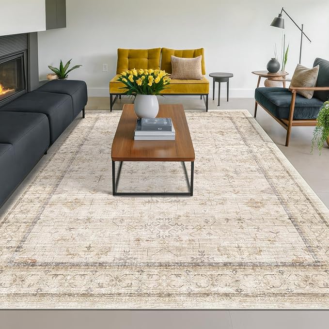 Hazo Haus Washable Ivory Beige Living Room Rug, 8x12 Non Slip Area Rugs for Bedroom, Dining Room Under Table, Low Pile Neutral Farmhouse Vintage Foldable Décor