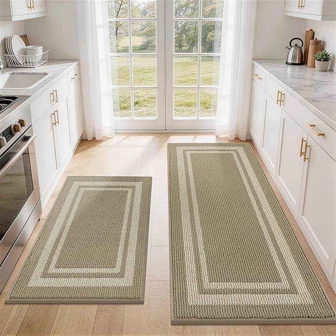 COSY HOMEER Kitchen Rugs Sets 2PCS,Non-Slip Washable Kitchen Mats for Floor,Absorbent and Stain Resistant Kitchen Runner Rugs for Kitchen Sink Laundry Entryway,24"x35"+24"x60",Beige