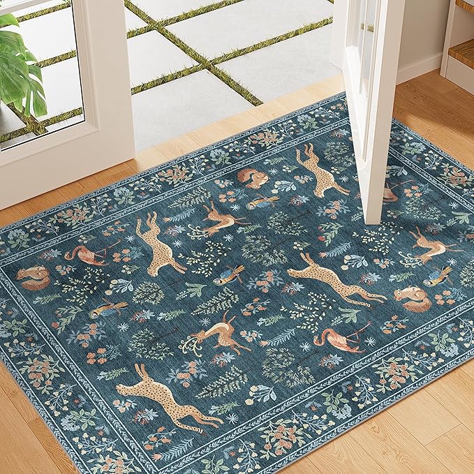DUKINO 2x3 Rug, Washable Animal Rugs for Entryway, Non Slip Indoor Door Mat, Soft Low Pile Small Area Carpet for Entrance, Bedroom, Kitchen, Laundry, Bathroom, Blue