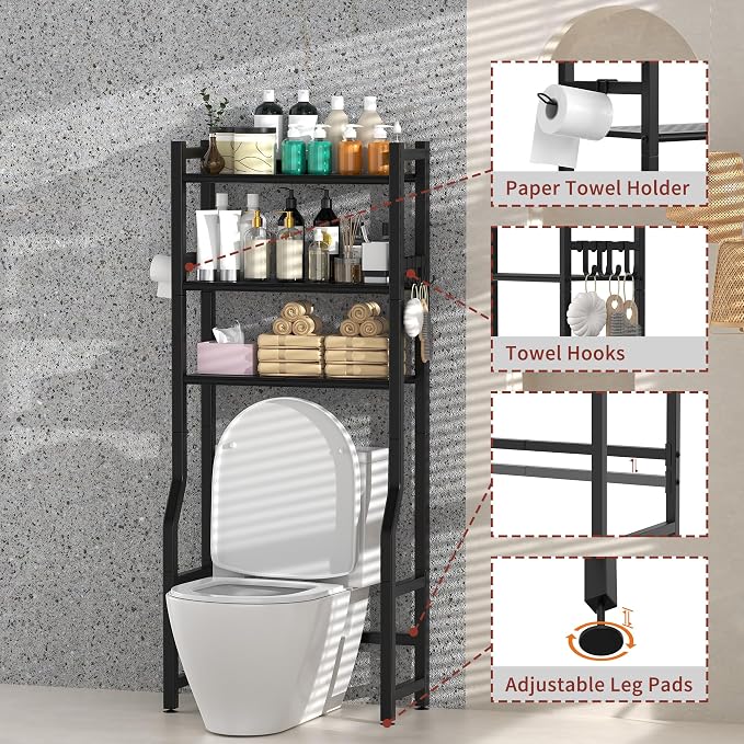 Livilord 3 Tier Over The Toilet Storage Rack with Toilet Paper Holder, Metal Freestanding Bathroom Shelves with 4 Hooks, Over Toilet Storage Shelf for Bathroom Storage, Black