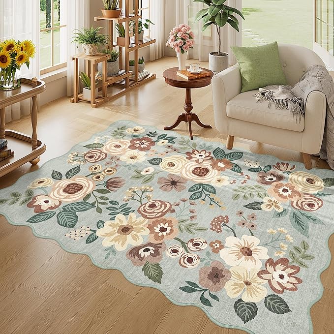 DUKINO 4x6 Area Rug, Floral Non-Slip Indoor Washable Rug with Low Pile & Non-Shedding, Lightwight Boho Design Carpet for Entryway, Bedroom, Kids Room, Living Room, Kitchen, Sage Green