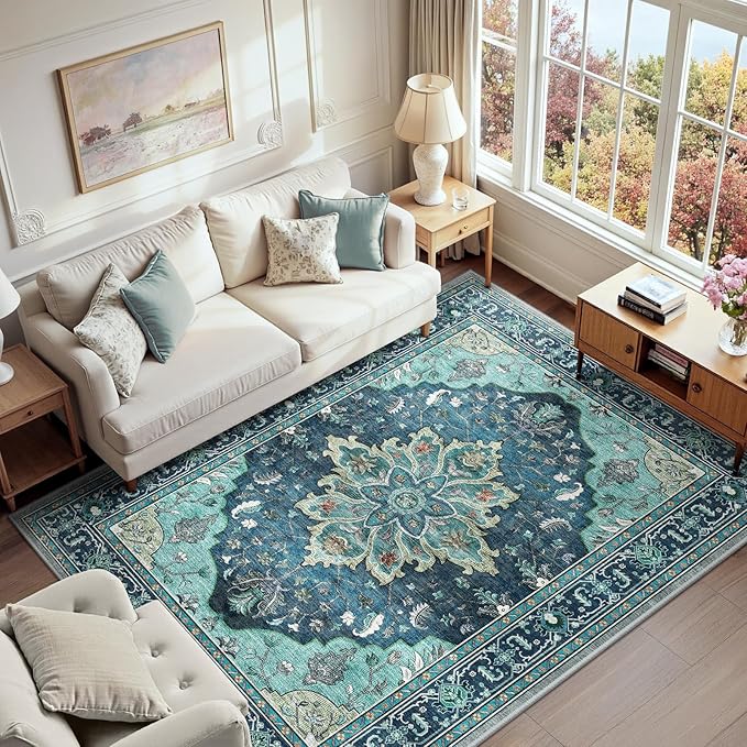 RELEANY Area Rugs 6'x9' Washable Non-Slip, Floral Vintage Distress Medallion Carpet for Living Room Bedroom Dining Room, Teal Green Lake Blue Turquoise