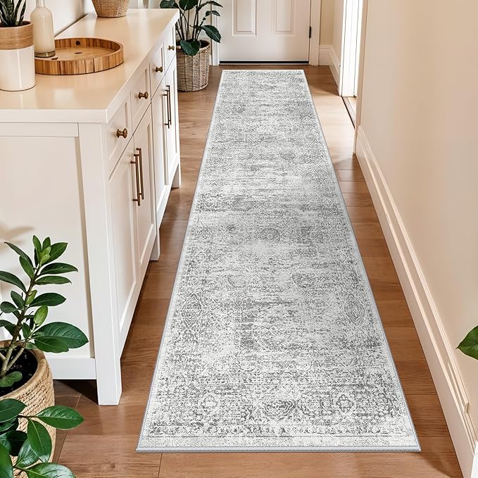 2x10 Runner Rug Non-Slip Washable Kitchen, Vintage Boho Carpet with Rubber Backing for Hallway Entryway Hall Holiday Farmhouse Neutral Cream Long Runners (Grey/Ivory,2'x10')