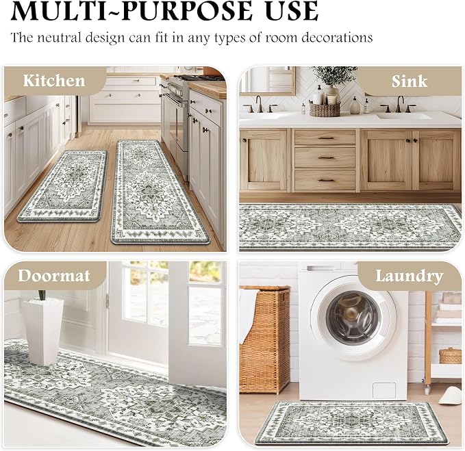 Boho Kitchen Mats for Floor 2 Piece Set Anti Fatigue Cushioned PVC Kitchen Rugs Non Slip Waterproof Farmhouse Mats 2/5 Inch Comfort Standing Mat for Laundry, 17.3"x47"+17.3"x28", Green-Tinted Grey