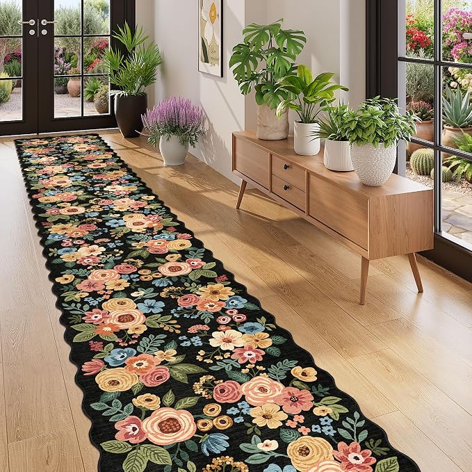 DUKINO 2x12 Runner Rug for Hallway, Soft Floral Washable Kitchen Runner Rug with Non Slip Backing, Lightweight & Low Pile Extra Long Carpet for Entryway, Laundry Room, Entrance, Bedroom, Black