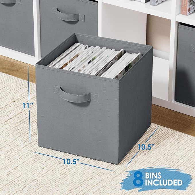 Storage Cubes Pack Of 8 - Standard Size Cube Storage Bin 10.5x10.5x11 With Dual Handles For Easy Carrying- Fabric Storage Bins Collapsible (Grey)