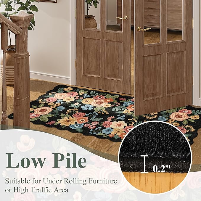DUKINO 3x5 Area Rug, Floral Non-Slip Indoor Washable Rug with Low Pile & Non-Shedding, Lightwight Boho Design Carpet for Entryway, Bedroom, Kids Room, Living Room, Kitchen, Black