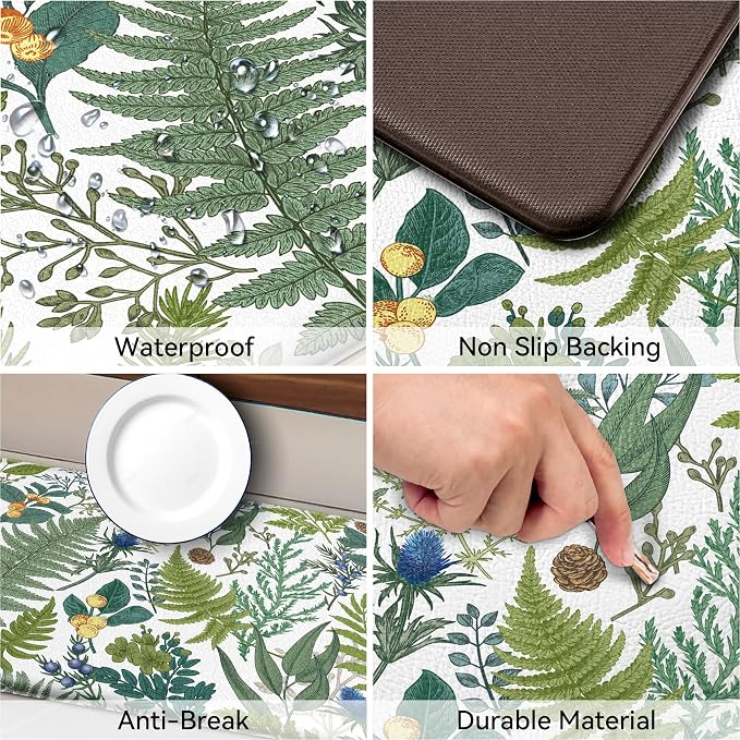 White Green Botanical Kitchen Rugs Set of 2 Plant Leaf Anti-Fatigue Kitchen Mat Natural Comfort Standing Waterproof PVC Mats 2/5" Thick Leather Carpet for Laundry Office Sink(17.3" x28" + 17.3" x 47")