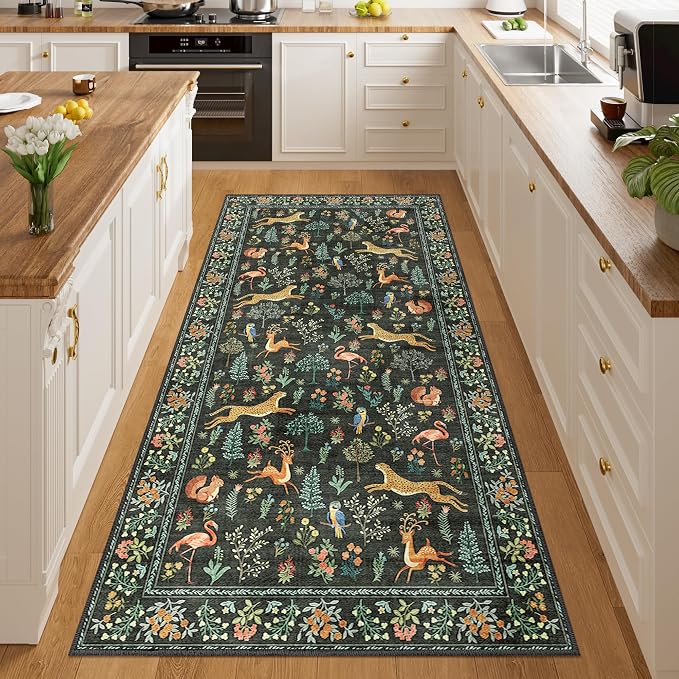 DUKINO 3x6 Washable Runner Rug, Low Pile Animal Print Non Slip Runner Rug for Kitchen, Lightweight & Non Shedding Indoor Carpet for Hallway, Kitchen, Entryway, Bathroom, Laundry, Black