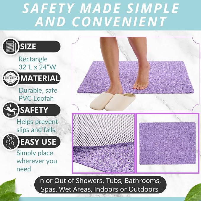Enkosi Loofah Non-Slip Shower Mat - Shower Floors, Bathtub, Bathrooms, Wet Areas - Cushioned Bath Mat with Drain Holes - Quick Dry PVC, Secure Safety Pad Without Suction Cups (32x24 Purple)