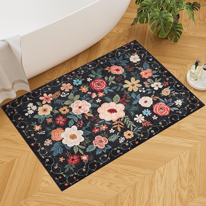 DUKINO 2x3 Rugs for Entryway, Floral Indoor Washable Door Mat, Non Slip Boho Small Rug for Kitchen, Soft Low Pile, Front Door Throw Rug for Entrance, Bedroom, Kitchen, Laundry, Bathroom, Black