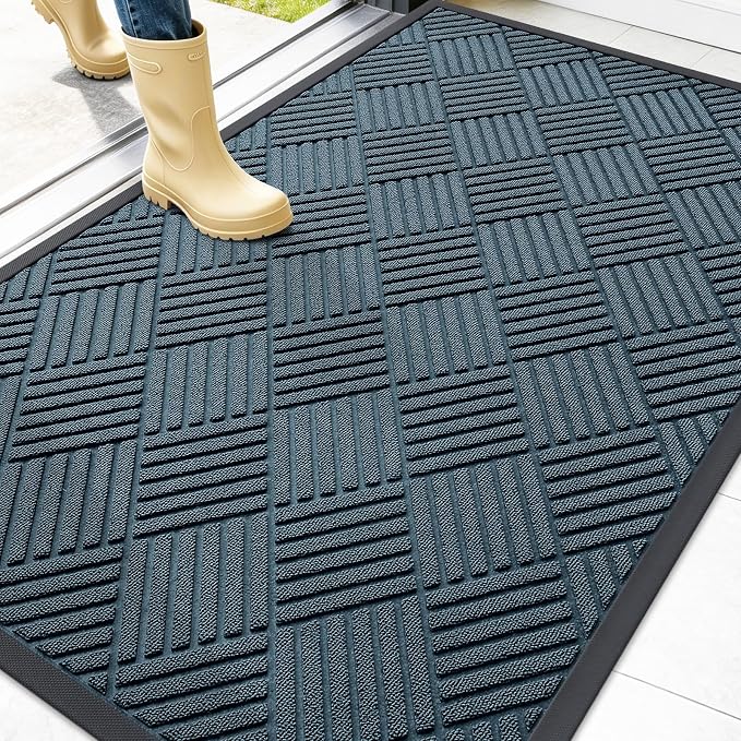 OLANLY Front Door Mat Outside Entrance 47x32, Absorbent, Heavy Duty Sturdy Natural Rubber Doormat Indoor Outdoor, Stain Fade Resistant, Non-Slip Low Profile Floor Mat for Entryway, Lake Blue Diamond