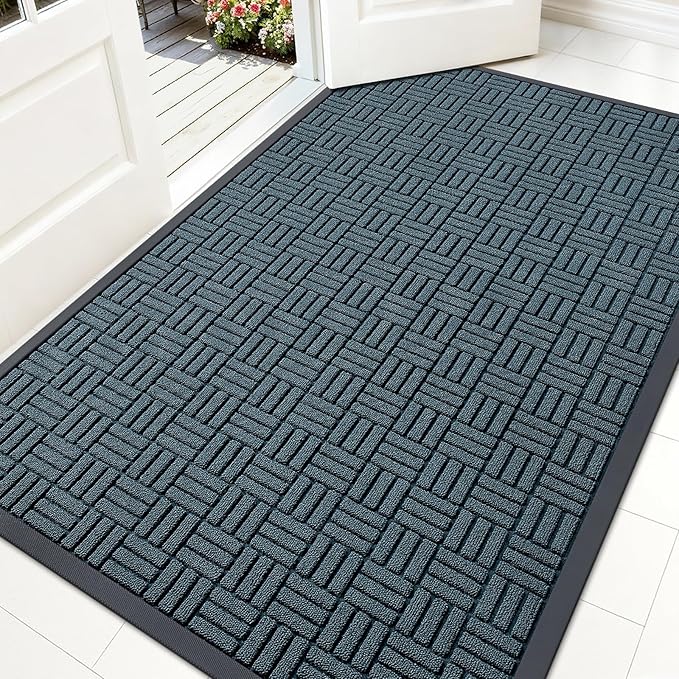 OLANLY Front Door Mat Outside Entrance 59x34, Absorbent, Heavy Duty Sturdy Natural Rubber Doormat Indoor Outdoor, Non-Slip, Stain and Fade Resistant, Low Profile Floor Mat for Entryway, Lake Blue
