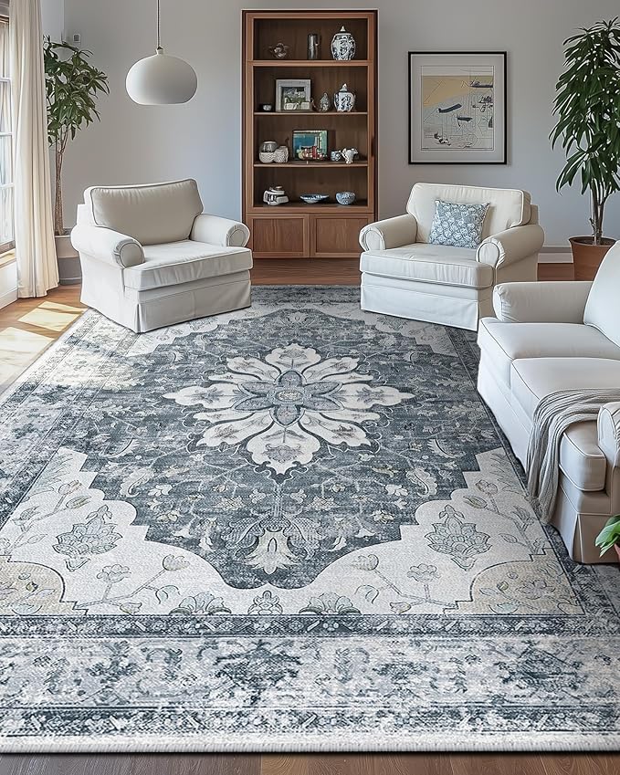 RELEANY Area Rugs Large 9'x12' Washable Non-Slip, Floral Vintage Distress Medallion Carpet for Living Room Bedroom Dining Room, Light Gray Grey White