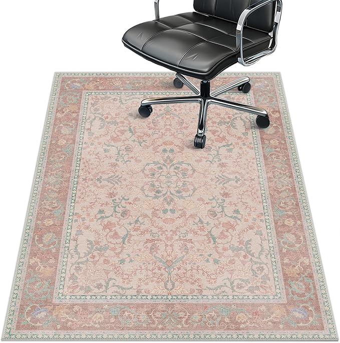 36"x48" Office Chair Mat for Hardwood Tile Floor, Under Desk Carpet Protector for Rolling Computer Chair Mat, Machine Washable Area Rug, Anti-Slip 1/5" Thick Low Pile Thin Vinyl Floor Mat, Pink