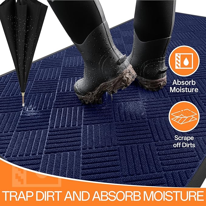 Indoor Outdoor Door Mat, 5’x 3' Doormat for Entryway, Rubber Backing Non Slip Front Door Mat Outside Entrance, Super Absorbent Commercial Floor Mat for Home Office, Blue