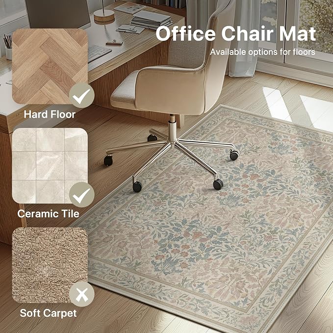 48"x60" Office Chair Mat for Hardwood Tile Floor, Under Desk Carpet Protector for Rolling Computer Chair Mat, Machine Washable Area Rug, Anti-Slip 1/5" Thick Low Pile Thin Vinyl Floor Mat, Beige Pink