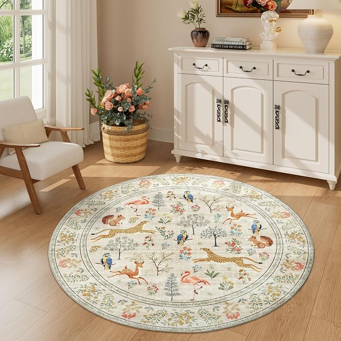 DUKINO 4ft Round Rug, Washable Round Area Rug, Non Slip Indoor Low Pile Animal Design, Soft Small Vintage Circle Carpet for Bedroom, Entryway, Living Room, Dining Room, Beige