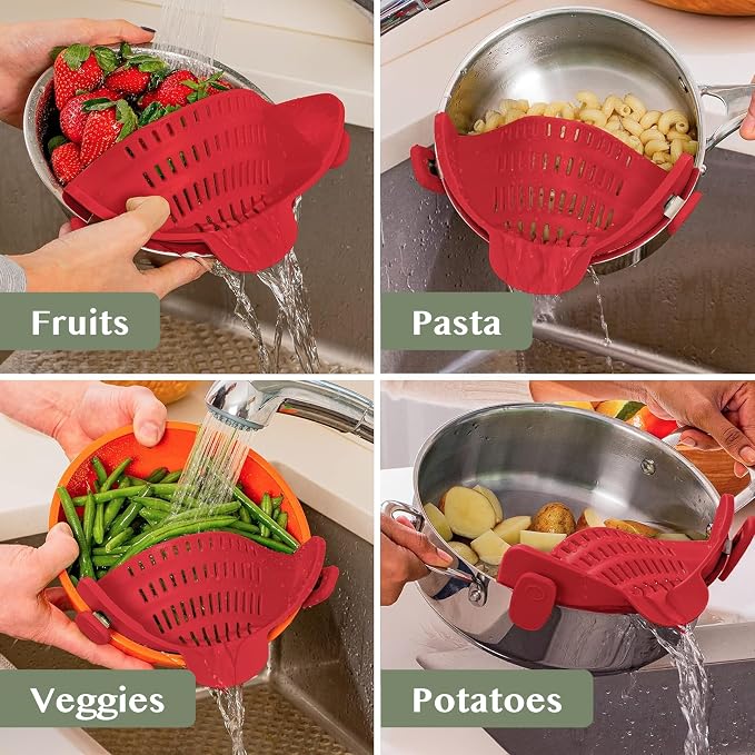 Kitchen Gizmo Snap N Strain Silicone Pot Strainer - Adjustable Clip-On Pasta Strainer for Pots, Pans, and Bowls - Large Red Kitchen Colander